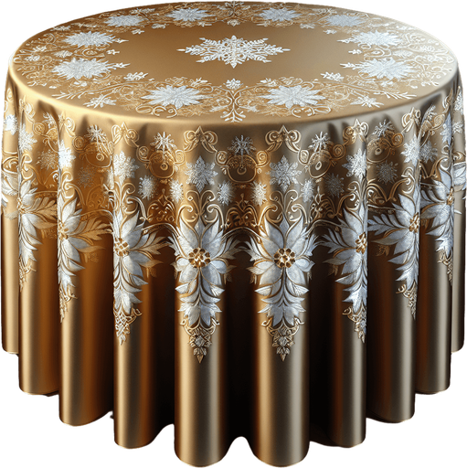 Photorealistic gold-colored, silver snowflakes Christmas tablecloth, front view.