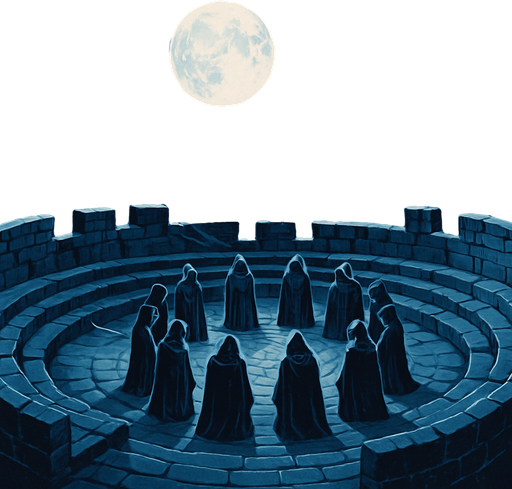 A mountaintop stone amphitheater under a glowing full moon, robed figures in a ritual circle, icy wind sweeping, high above the clouds, solemn medieval council scene, realistic.
In-Game asset.  2d.  High contrast.  No shadows