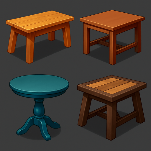 pack of different Tables images.
In-Game asset.  High contrast.  No shadows. 3D