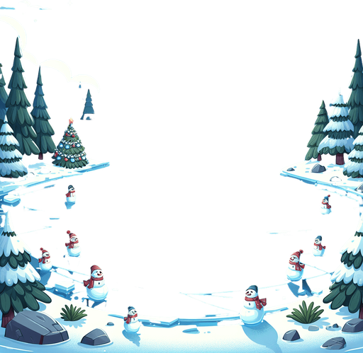 Simple Outdoor empty frozen icy lake, Christmas decorated. Camera standing at the middle of the lake looking towards shore. Cartoon. Middle of rink view. Snowmen and threes on the edge of area Single Game Texture. In-Game asset. 2d. Blank background. High contrast. No shadows.