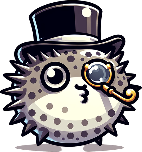 the face of a puffer fish with a top hat and monocle. facing straight forward. cartoon. color
Single Game Texture.  In-Game asset.  2d.  Blank background.  High contrast.  No shadows