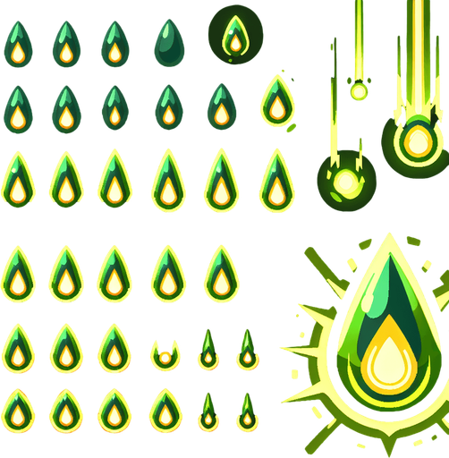 A sprite sheet of energy projectiles. Green projectiles tear shaped with yellow energy core.
Single Game Texture. In-Game asset. 2d. Blank background. High contrast. No shadows.