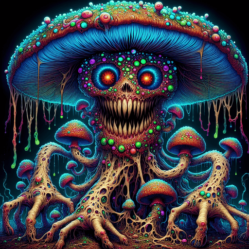 Emerging from the shadows of a twisted, nightmarish landscape, the Psychedelic Nightmare Mushroom Monster is a creature of both mesmerizing beauty and utter terror. Its grotesque form is a tangled amalgamation of flesh and fungi, with its body covered in pulsating, bioluminescent mushrooms that emit an eerie, shifting spectrum of psychedelic colors.

Its head is a nightmarish, oversized mushroom cap, with gnarled, root-like tendrils hanging down, twitching like sentient vines. Hollow, glowing eyes peer out from beneath the cap, radiating an unsettling, otherworldly light that pierces the darkness. A wide, malicious grin stretches across its face, revealing rows of jagged, yellowed teeth that seem to drip with toxic spores.

The creature's limbs are elongated and sinewy, ending in twisted, claw-like fingers that dig into the ground with each step. Its movements are erratic, a haunting dance of jerks and spasms, as if it is being controlled by some unseen force. As it prowls through the.
Single Game Texture. In-Game asset. 2d. Blank background. High contrast. No shadows.
