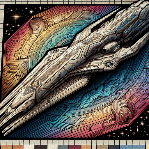 “Энигма” представляет собой величественный космический корабль, выполненный в форме кристалла с плавными, органическими линиями. Его корпус переливается всеми цветами радуги, создавая впечатление, что корабль постоянно меняет свой облик. На поверхности можно заметить сложные узоры, напоминающие древние руны, которые светятся мягким светом..
Single Game Texture. In-Game asset. 2d. Blank background. High contrast. No shadows.