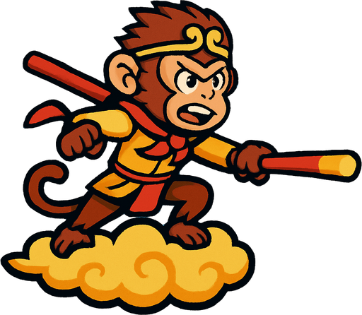 monglkey king raja kera di atas awan kinton menyerang dengan tongkat sakti. side scroller image.
In-Game asset.  2d.  High contrast.  No shadows