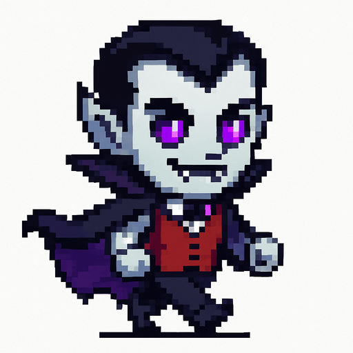 El vampiro debe ser un personaje pequeño y estilizado en estilo pixel art, con piel pálida o gris clara, ojos rojos o morados brillantes, colmillos visibles en una leve sonrisa y una capa negra o púrpura que se mueva ligeramente al caminar; debe llevar un traje elegante con chaleco rojo, camisa blanca y pantalones oscuros, y tener el clásico peinado de viuda con cabello negro bien marcado; su expresión puede ser confiada o misteriosa, y la animación puede incluir un leve flote o agitación de la capa; todo debe ser caricaturesco y simpático, sin parecer aterrador, con fondo transparente para integrarse en un juego casual o fantástico..
In-Game asset.  2d.  High contrast.  No shadows