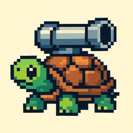 a turtle with a canon on her shell, pixelart.
In-Game asset.  2d.  High contrast.  No shadows