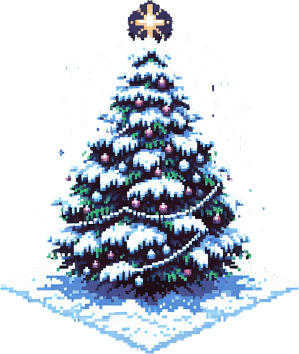 pixel art of a christmas tree covered in snow. Single Game Texture. In-Game asset. 2d. Blank background. High contrast. No shadows.