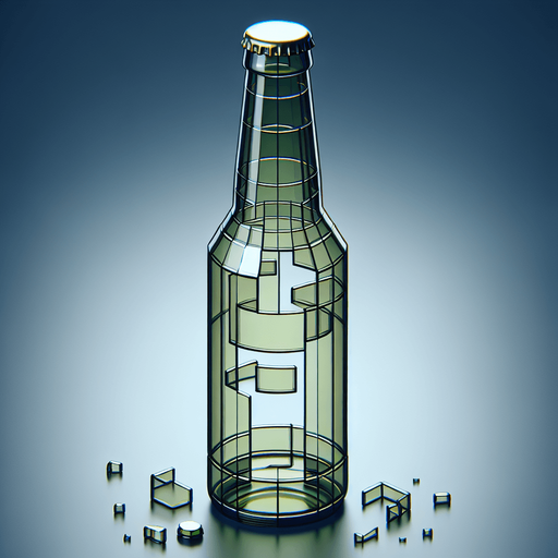 vertical exploded glass beer bottle.
Single Game Texture. In-Game asset. 2d. Blank background. High contrast. No shadows.