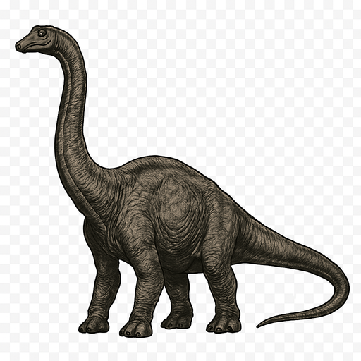 A massive Diplodocus dinosaur shown in a calm standing pose on a transparent background. It has an extremely long neck and tail, with a large bulky body covered in grayish-brown textured scales. The head is small with gentle eyes and a narrow snout. The skin shows wrinkles and rough textures, emphasizing the dinosaur’s massive size and ancient nature. The legs are thick and sturdy, supporting its heavy frame..
In-Game asset.  2d.  High contrast.  No shadows