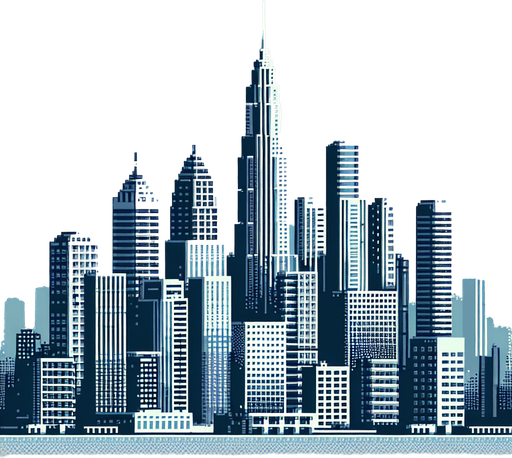 An 8-bit city skyline with towers.
Single Game Texture. In-Game asset. 2d. Blank background. High contrast. No shadows.