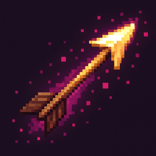 An icon of a glowing wooden arrow from a bow trailing pink particles. Pixel art..
In-Game asset.  2d.  High contrast.  No shadows