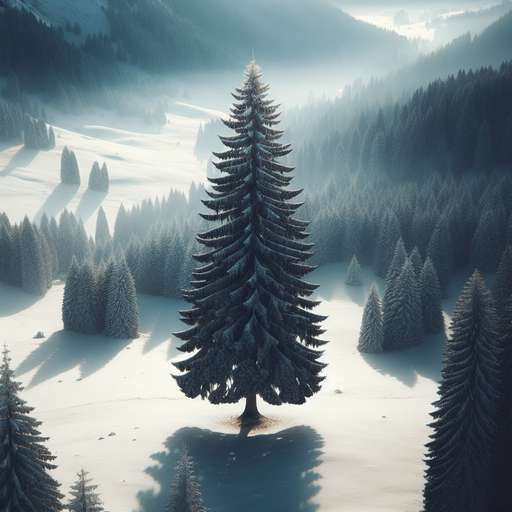 Photorealistic pinetree covered by snow, drone view