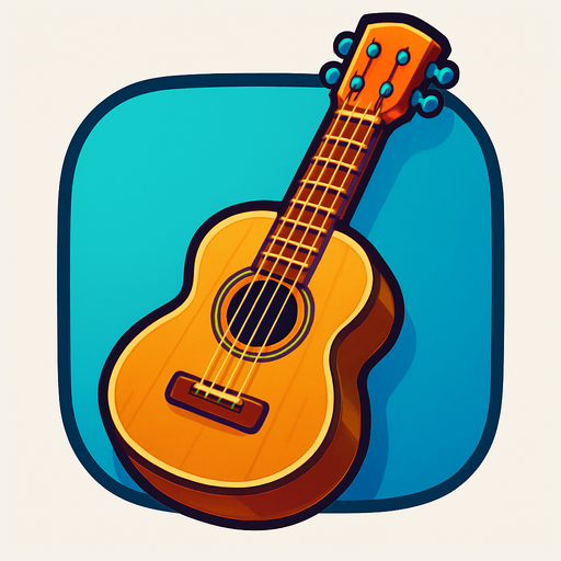 A bold, game-style illustration of an acoustic guitar with a wooden body, visible strings, and a detailed sound hole. Slight 3D shading and a clean, vector outline. Friendly, colorful look with transparent rounded background, optimized for mobile games..
In-Game asset.  2d.  High contrast.  No shadows