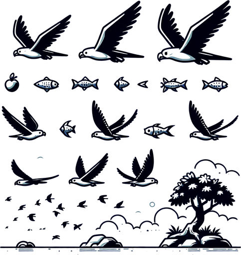 it could imagine flying high in the sky, touching the sea, catching fish, eating fruit, and flying with a flock..
Single Game Texture. In-Game asset. 2d. Blank background. High contrast. No shadows.