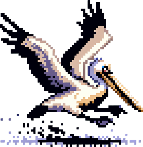 8-bit profile of pelican flapping it's wings downward.
Single Game Texture. In-Game asset. 2d. Blank background. High contrast. No shadows.