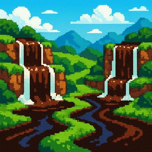 paisage con cascadas de cafe de pixeles.
In-Game asset.  2d.  High contrast.  No shadows