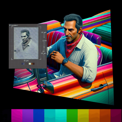 Draw a man in a colorful image with a toothpick in his mouth and behind the steering wheel..
Single Game Texture. In-Game asset. 2d. Blank background. High contrast. No shadows.