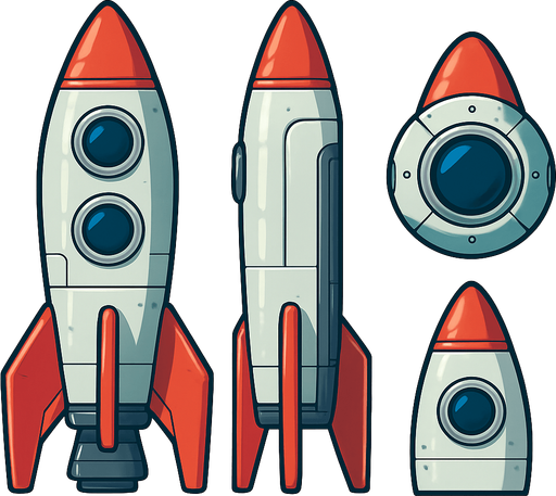 Create si-fi realistic rocket with  3D views. In-Game asset. 2d. High contrast. No shadows. In-Game asset. 2d. High contrast. No shadows.
In-Game asset.  2d.  High contrast.  No shadows