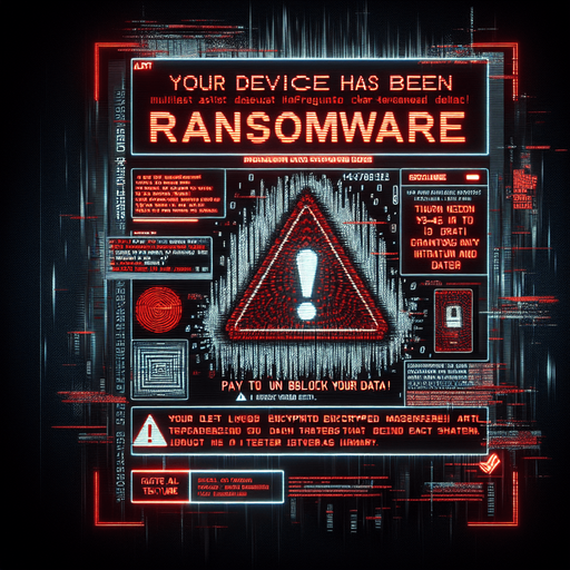 A full-screen background depicting a corrupted device overtaken by a ransomware message. The screen is dominated by a bold, alarming warning message in red and white text, with phrases like 'Your device has been locked!' and 'Pay to unlock your files!' prominently displayed. The background is dark, with digital glitch effects, static noise, and distorted text adding to the sense of corruption. Subtly embedded within the chaotic design is a hidden encrypted code, integrated into the distortion or glitch patterns, making it challenging to notice at first glance. The overall aesthetic is tense, urgent, and visually striking, fitting the theme of a high-tech device under attack..
Single Game Texture. In-Game asset. 2d. Blank background. High contrast. No shadows.
