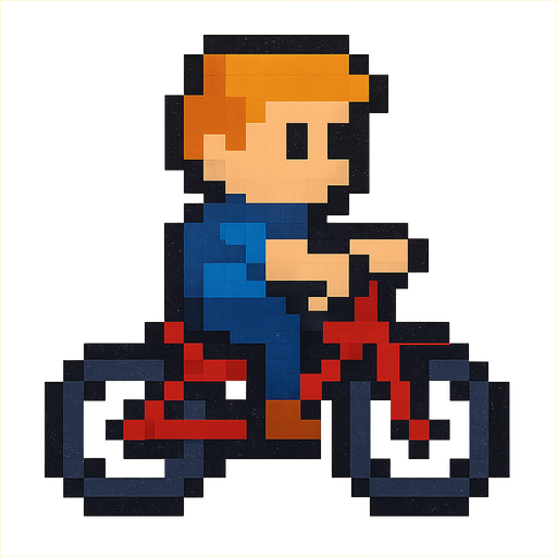 A 2D, Pixalted Bike with one wheel in front and one at the back with a pixelated character on..
In-Game asset.  2d.  High contrast.  No shadows