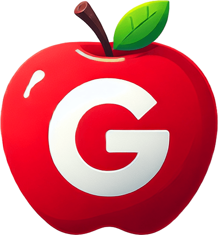the "G" sign on the red apple.
Single Game Texture. In-Game asset. 2d. Blank background. High contrast. No shadows.