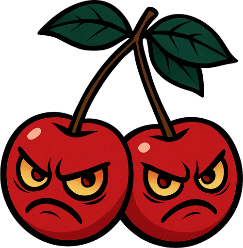 La Petacereza es un par de cerezas gemelas de un rojo intenso y brillante, unidas por sus delgados tallos que se juntan en una pequeña ramita coronada por tres hojas verdes oscuras. Cada fruto tiene rasgos agresivos: ojos amarillentos con iris rojizos y cejas fruncidas, y bocas torcidas en muecas de enfado que sugieren su inminente explosión. Sus superficies lucen suaves, con leves reflejos que acentúan su redondez perfecta..
In-Game asset.  2d.  High contrast.  No shadows