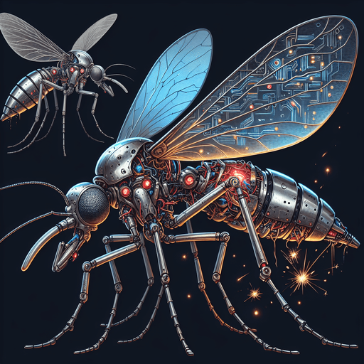 The robotic mosquito is a marvel of miniature engineering, its metallic body gleaming in the light. Its two transparent wings, adorned with intricate circuitry patterns, buzz rhythmically as it hovers and darts through the air. Six delicate legs, tipped with sharp points, enable it to perch on surfaces with remarkable precision. A pair of long, segmented antennae, their tips glowing faintly, twitch and sense the environment. Two glowing eyes, either red or blue, emit an eerie light as they scan the surroundings. However, this mechanical menace can also be crushed, its once pristine form reduced to a mangled mess of dented metal, broken wings, and exposed wires. Sparks might fly from its damaged innards, and its once bright eyes may flicker and fade. This sprite sheet captures both the living and destroyed states of the robotic mosquito, showcasing its intricate details and the grim aftermath of its demise..
Single Game Texture. In-Game asset. 2d. Blank background. High contrast. No shadows.