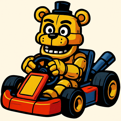 Un oso dorado animatronico en un kart.
In-Game asset.  High contrast.  No shadows