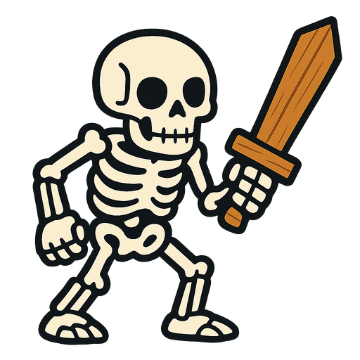 Skeleton with a wooden sword.
In-Game asset.  2d.  High contrast.  No shadows