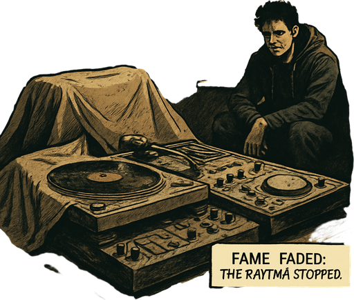 Realistic comic book scene, 2048x2048. Interior of a dusty room with DJ gear covered and unused. Noah sits in the background, partially hidden in shadow, melancholic lighting. Include a small narrator box at the bottom-right corner with the text: "Fame faded. The rhythm stopped.".
In-Game asset.  2d.  High contrast.  No shadows