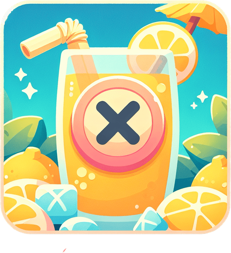 A close button for an ingame shop in a light, lemonade and drinks inspired summer theme. The close button should have an X-icon to indicate that it closes the shop window..
Single Game Texture. In-Game asset. 2d. Blank background. High contrast. No shadows.