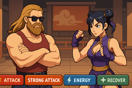 Fullscreen modern App Store landscape banner, 16:9, high definition, for a game titled "Chad Hardwood Turn-Based Fighter" and with the description "A turn-based fighting game where players battle through 10 increasingly challenging opponents. Choose from 4 attack options with different damage and energy costs. Manage your energy wisely - when it's depleted, your turn ends. Defeat each opponent to advance and become the ultimate Fighter.". Chad Hardwood is muscular long haired bearded sunglasses man, and his opponent is japanese sexy looking body fighter girl wearing sexy purple fight dress. No text on banner!