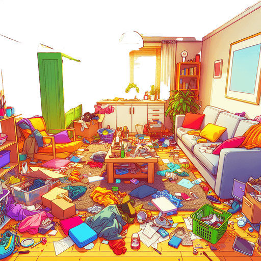 dağınık bir oturma odası, odanın içinden görünüm. 3d renkli anime, çizgi film