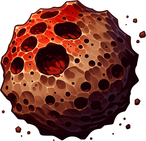 create a brown asteroid with red holes.
Single Game Texture.  In-Game asset.  2d.  Blank background.  High contrast.  No shadows