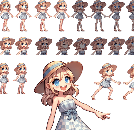 A spritesheet with a number of poses of a happy blond girl with blue eyes wearing a modern sunhat and summer dress, smiling, working, waiting, standing, turning, etc.The spritesheet should be laid out in a rectangular grid with clear space between each individual sprite. Each sprite in the sheet should be around 300x600 pixels in size.
Single Game Texture. In-Game asset. 2d. Blank background. High contrast. No shadows.