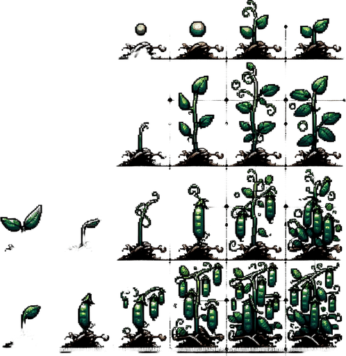A spritesheet showing a pea plant in various stages of germantion, from pea over sapling and to full grown plant with ripe pea pods. The sprites should be laid out in a rectangular grid with blank space between them..
Single Game Texture. In-Game asset. 2d. Blank background. High contrast. No shadows.