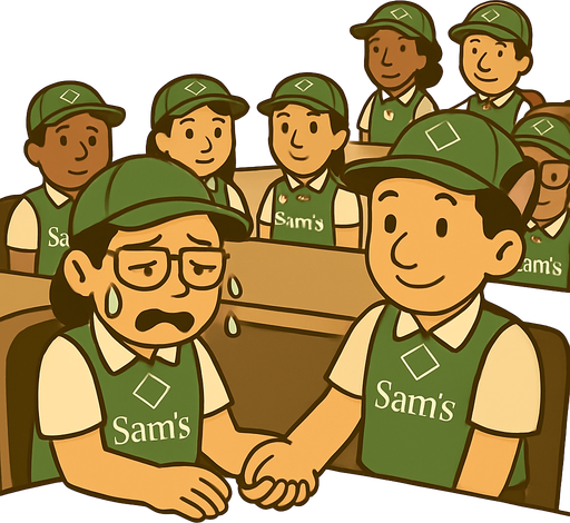 Haz que estos dos personajes esten en una junta con mas trabajadores con sus mismos uniformes, pero se vea que ellos estan tomados de las manos a escondidas, haz el pelo de lla mas corto
