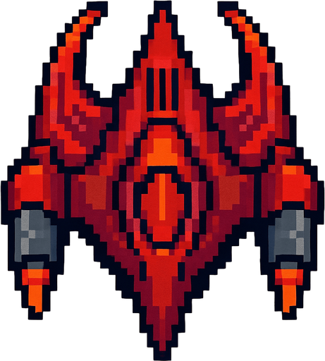 Enemy spaceship top down 2d pixilated and looking downwards.
In-Game asset.  2d.  High contrast.  No shadows