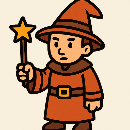 Mago con sombrero naranja y marrón sin barba con varita con estrella, de cuerpo entero.
In-Game asset.  2d.  High contrast.  No shadows
