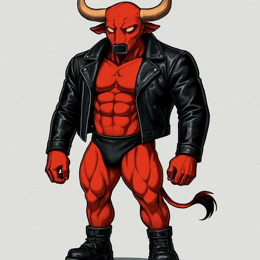 idle animation hunky Minotaur man Cyberpunk manga, minotaur monster hunk, shiny black leather biker jacket longsleeves shirtless muscles, jockstrap combat boots, Background removed, "Full-body character, entirely in frame, no cropping of face, head, or feet" "Complete character visible, from horns to hooves, fully centered in the image" "Entire character, including face and boots, fully within the frame" Character fully contained within a square frame, no edges cut off fashion model idle pose