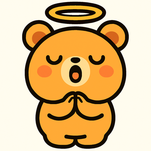 un oso redondito, con una aureola, cara kawai y con los brazitos juntitos como rezando y cantando.
In-Game asset.  2d.  High contrast.  No shadows