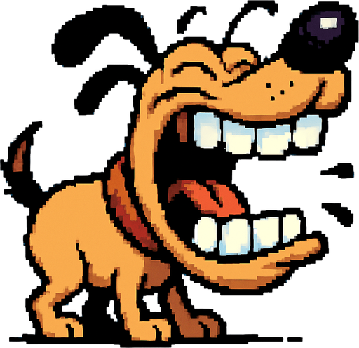 Un perro bobo ladrando con los ojos cerrados  pixel art dientes grandes, estilo earthworm jim.
In-Game asset.  2d.  High contrast.  No shadows