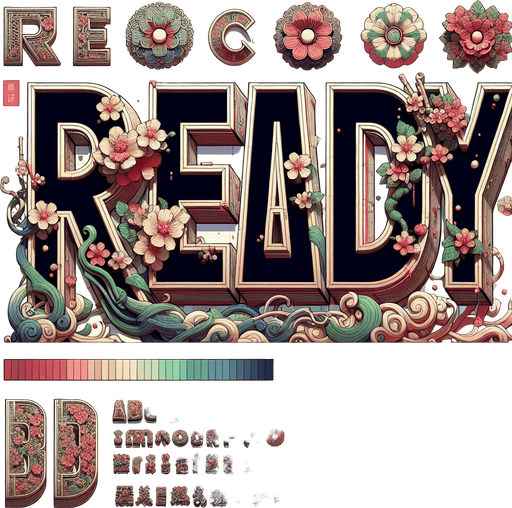 the letters 'Ready' in 3d with a japanese cartoon cherry blossom flair.
Single Game Texture.  In-Game asset.  2d.  Blank background.  High contrast.  No shadows