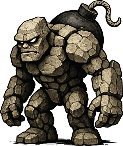un golem de piedra ultra realista con una bomba en la espalda.
In-Game asset.  2d.  High contrast.  No shadows