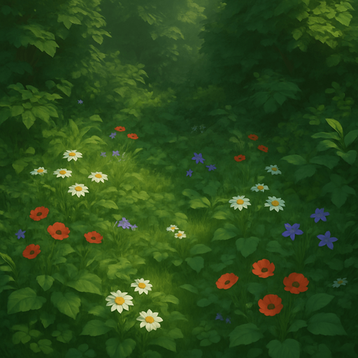 a background full of greenery and some flowers.
In-Game asset.  3d. Realistic