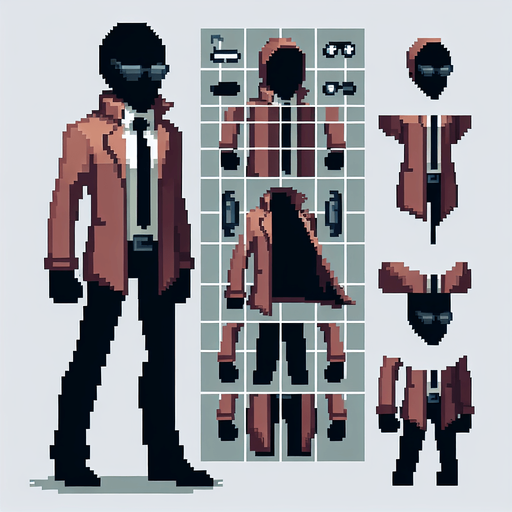 uma spritesheet de um espião desconhecido, a segunda sprite é dele abrindo sua jaqueta para mostrar os itens que ele tem pixel art.
Single Game Texture. In-Game asset. 2d. Blank background. High contrast. No shadows.
