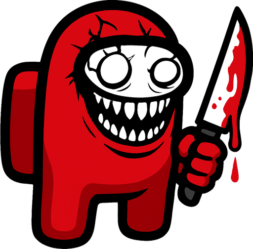 The red color in the game Among us creates the character in an extremely scary way, the glass of the astronaut suit is broken, his eyes are white, his mouth is so long that it touches his ears when he smiles, and he has a bloody knife in his hand..
In-Game asset.  2d.  High contrast.  No shadows