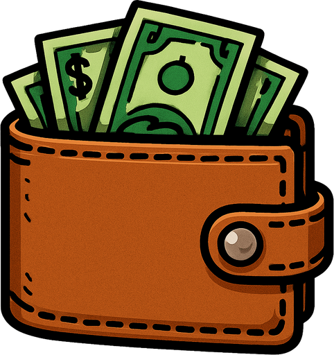 İçinde birkaç dolar olan cüzdan.
In-Game asset.  2d.  High contrast.  No shadows