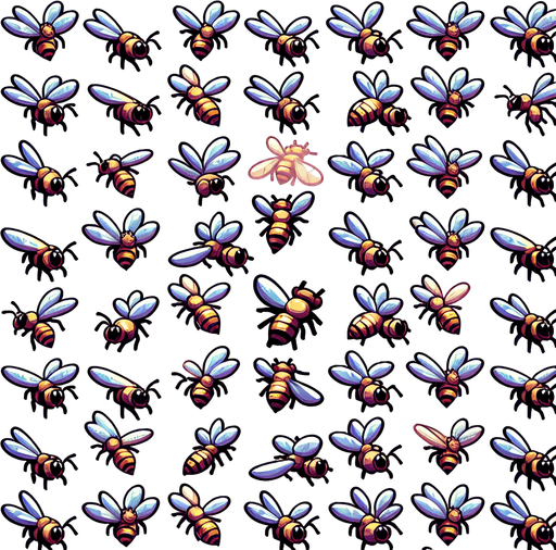 A sprite sheet of bees flying. Birds Eye view. No wings. Bold cartoon graphics. Looking down on bee
Single Game Texture. In-Game asset. 2d. Blank background. High contrast. No shadows.